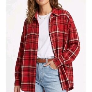 We The Free People Flannel Shirt Women Large Red Plaid Viscose Button Up Outdoor